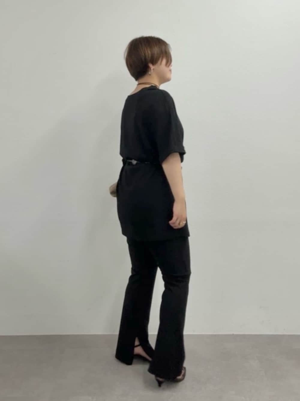 ブラック系のTシャツ/カットソー、ベージュ系のショルダーバッグ、ブラック系のその他パンツを着用したレディースの夏コーディネートの2枚目の写真