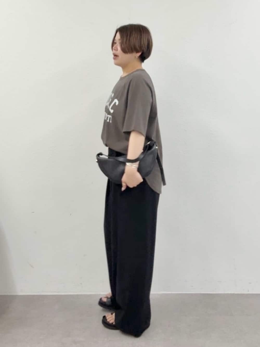 ブラウン系のTシャツ/カットソー、ブラック系のスラックス、ブラック系のストール/ショールを着用したレディースの春コーディネートの2枚目の写真