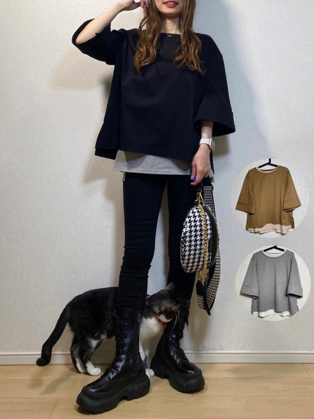 「私の推しブランド、STYLEPROUD、レイヤードスタイル、スリットパンツ、フレアパンツ、ハイウエストパンツ、apretro、スニーカー、スニーカーコーデ、厚底シューズ、バケットバッグ、AMO_RIN、ダウンジャケット、カジュアルコーデ、韓国ファッション」|「STYLE PROUDのアイテム(トップス、ブラック系)」を使った、高野軍曹さん(レディース・158cm)の冬コーディネートの2枚目の写真