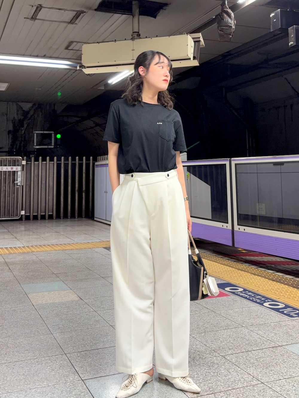 ブラック系のTシャツ/カットソー、ホワイト系のスラックス、ホワイト系のパンプスを着用したレディースの夏コーディネートの2枚目の写真