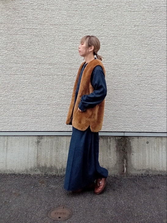 ブラウン系のベスト、ブルー系のワンピースを着用したレディースの冬コーディネートの2枚目の写真