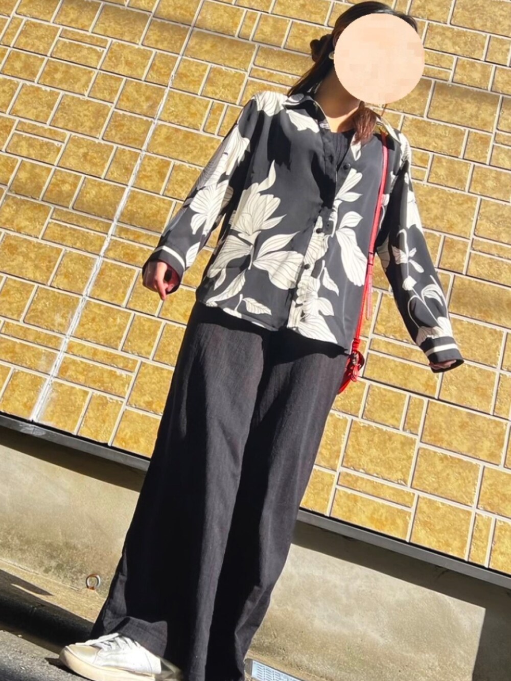 ブラック系のパンツ、ブラック系のシャツ/ブラウスを着用したレディースの秋コーディネートの2枚目の写真