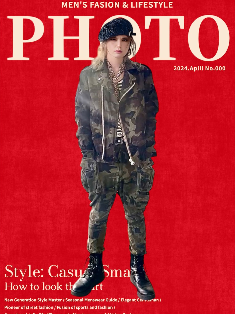 グリーン系のライダースジャケット、グリーン系のカーゴパンツ、その他のハンチング/ベレー帽を着用したメンズの秋コーディネートの2枚目の写真