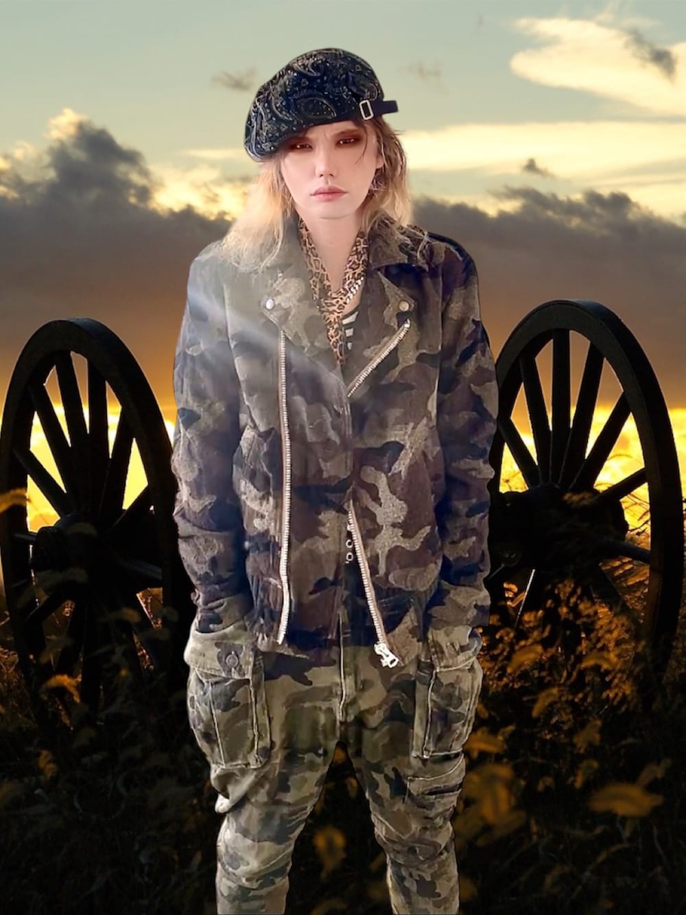 グリーン系のライダースジャケット、グリーン系のカーゴパンツ、その他のハンチング/ベレー帽を着用したメンズの秋コーディネートの4枚目の写真