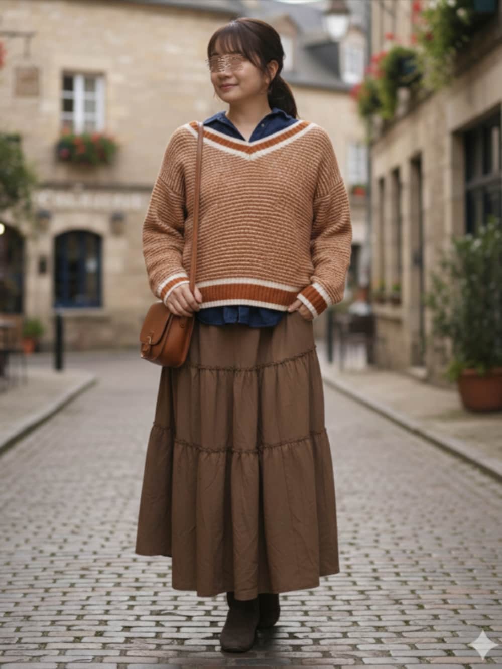 ブラウン系のスカート、レッド系のニット/セーター、ブルー系のシャツ/ブラウスを着用したレディースの冬コーディネートの2枚目の写真