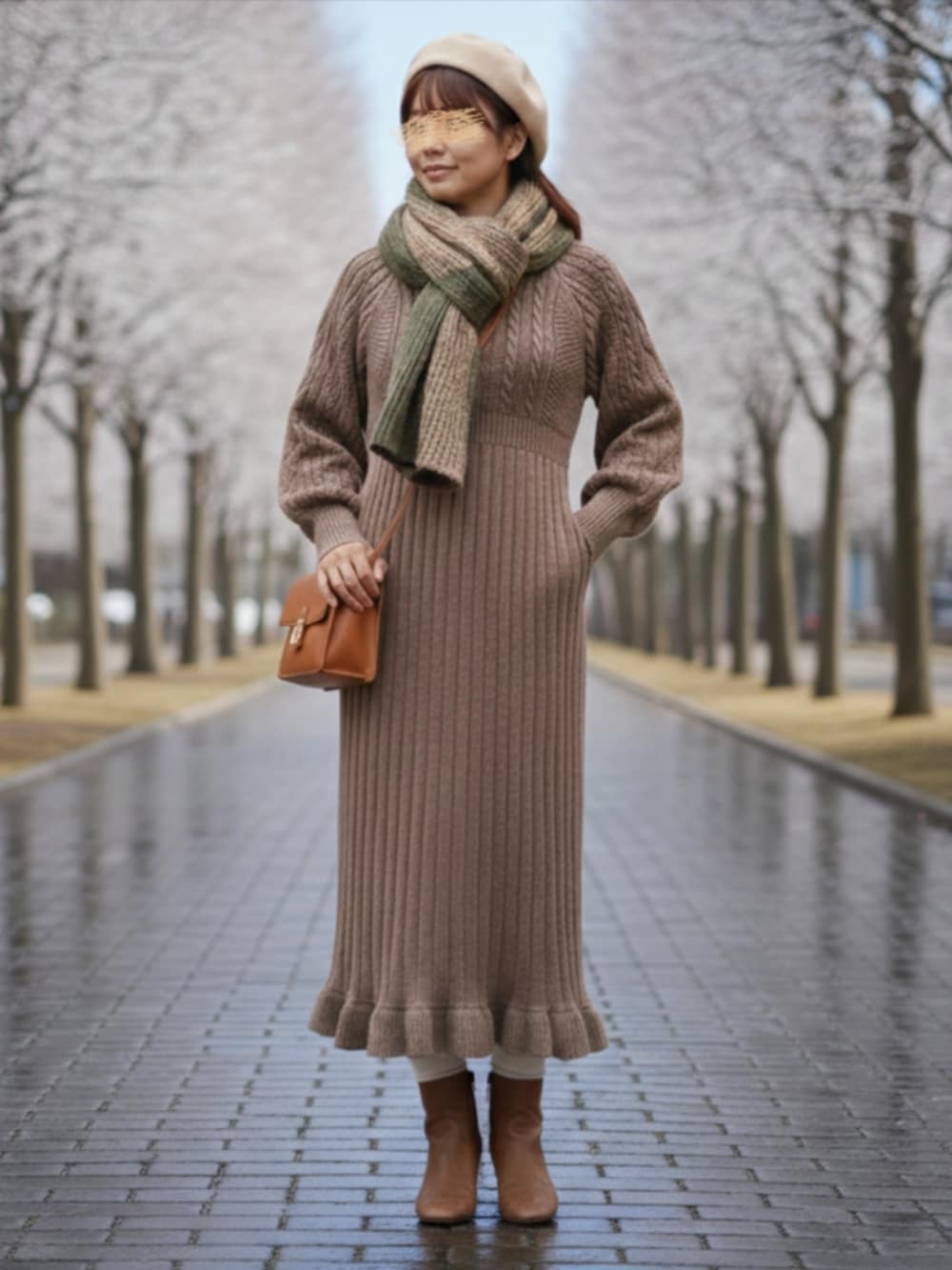 ブラウン系のワンピースを着用したレディースの冬コーディネートの2枚目の写真