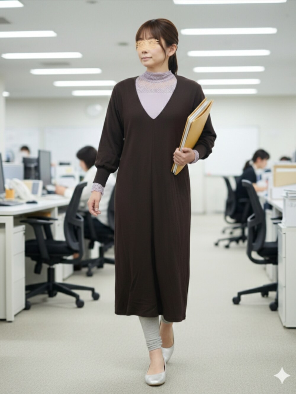 パープル系のTシャツ/カットソー、ブラウン系のワンピースを着用したレディースの冬コーディネートの2枚目の写真