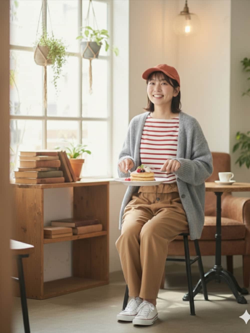 レッド系のTシャツ/カットソーを着用したレディースの冬コーディネートの4枚目の写真