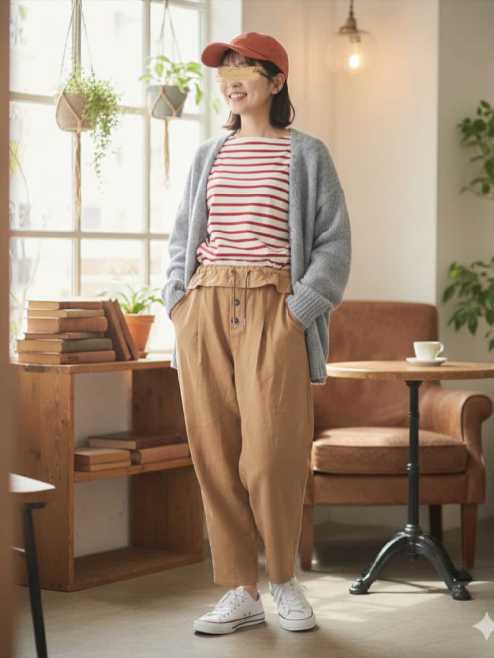 レッド系のTシャツ/カットソーを着用したレディースの冬コーディネートの3枚目の写真