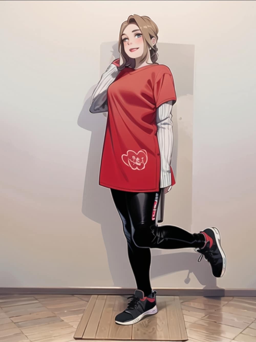 ブラック系のスニーカー、レッド系のスポーツグッズ、ホワイト系のスポーツグッズを着用したレディースの春コーディネートの2枚目の写真