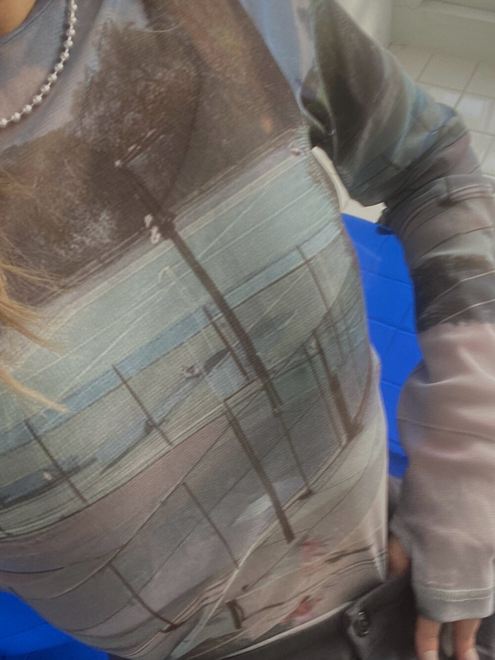 ブルー系のTシャツ/カットソー、グレー系のチノパンツを着用したレディースの冬コーディネートの3枚目の写真