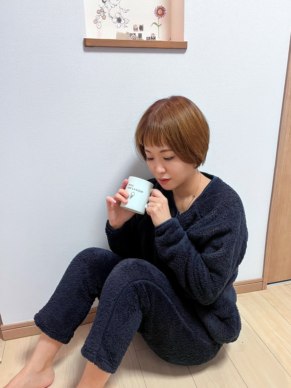 「フェルトマリエッタ、feltmaglietta、秋冬コーデ、ルームウェア、ルームウェアー」｜「Felt-Magliettaのもこもこルームウェアパンツセットアップ（ルームウェア/パジャマ、ブルー系）」を使った、えりりんさん（レディース・161cm）の秋コーディネートの2枚目の写真