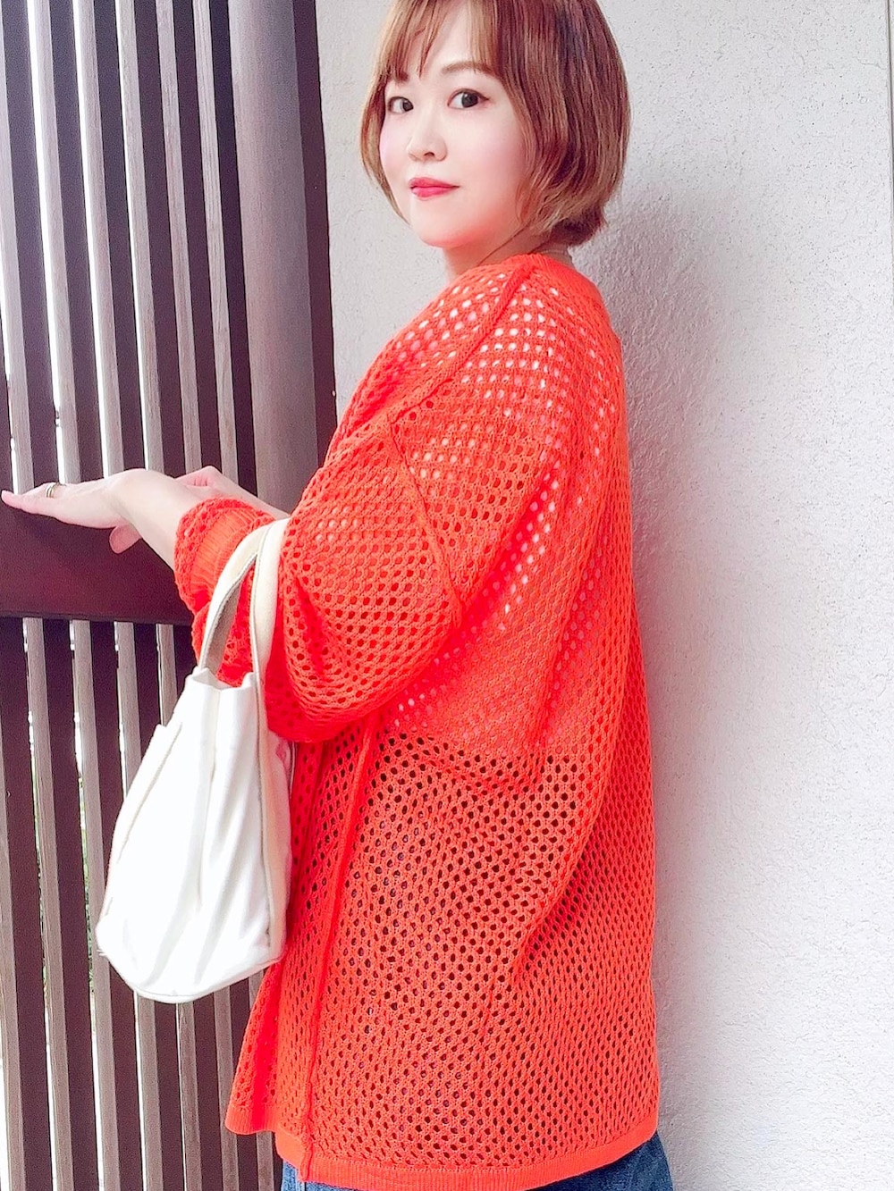 「初秋コーデ、秋服、大人女子、秋🍁コーデ、休日コーデ、秋服コーデ」｜「NYLAUSの別注 おもてリンキング オーバーニットメッシュTシャツ（ニット/セーター、オレンジ系）」を使った、えりりんさん（レディース・161cm）の秋コーディネートの2枚目の写真