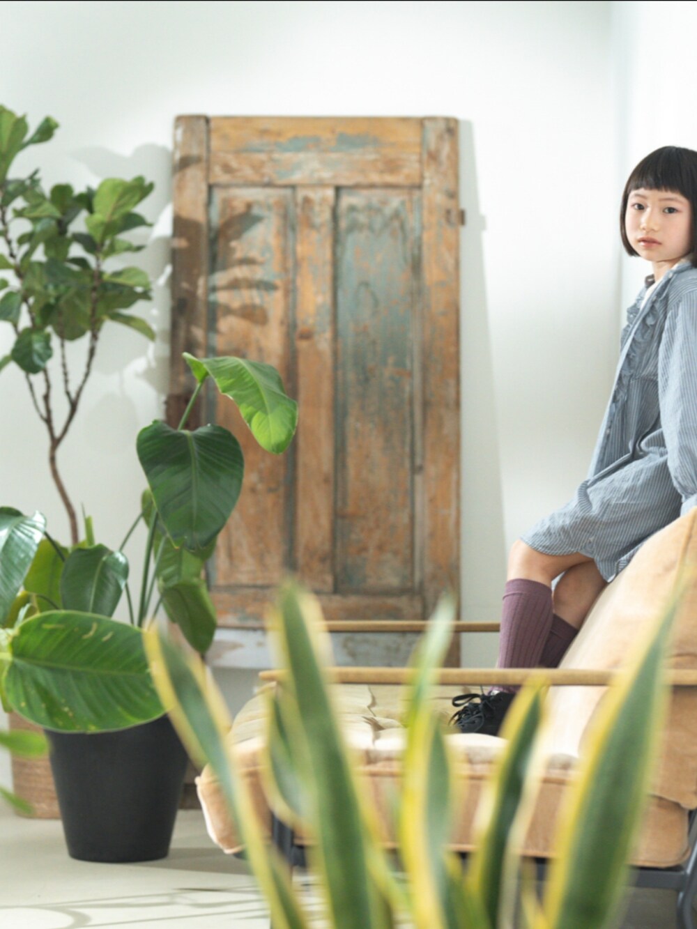 ブルー系のシャツワンピース、ホワイト系のTシャツ/カットソー、ブルー系のデニムパンツを着用したキッズの夏コーディネートの2枚目の写真