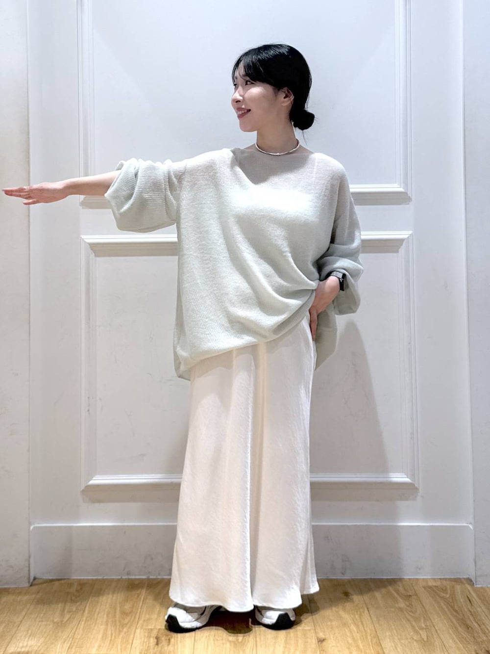 「低身長、ベーシック/シンプル、ナチュラル」｜「A part byのBabyモヘヤプルオーバー_長袖（ニット/セーター、グリーン系）」を使った、moriさん（レディース・148cm）の秋コーディネートの2枚目の写真