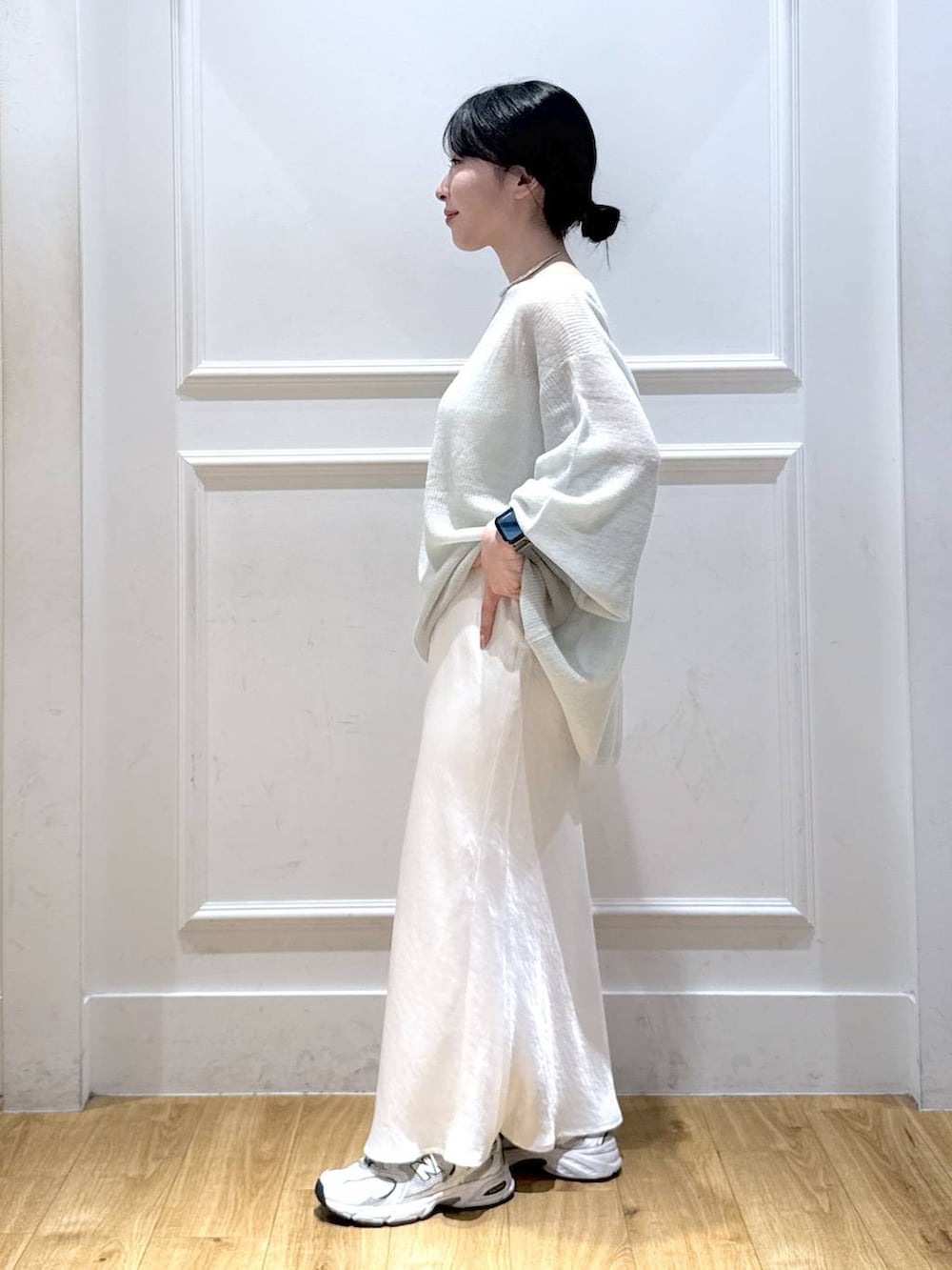 「低身長、ベーシック/シンプル、ナチュラル」｜「A part byのBabyモヘヤプルオーバー_長袖（ニット/セーター、グリーン系）」を使った、moriさん（レディース・148cm）の秋コーディネートの3枚目の写真