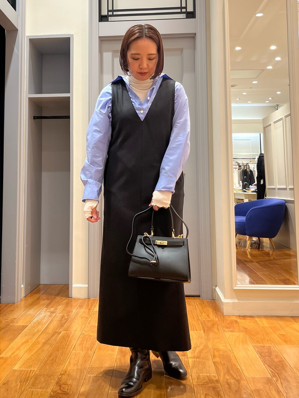 「お出かけコーデ、大人女子、大人ファッション、ラクチンコーデ、冬のコーデ、シンプルコーデ、ロングブーツ、ブラック、オフィススタイル、レイヤード、きれいめコーデ、タートルネック」｜「NOLLEY’Sの《セットアップ対応》ウォッシャブル両面起毛2WAYワンピース（ワンピース、ブラック系）」を使った、yamaiさん（レディース・163cm）の冬コーディネートの5枚目の写真