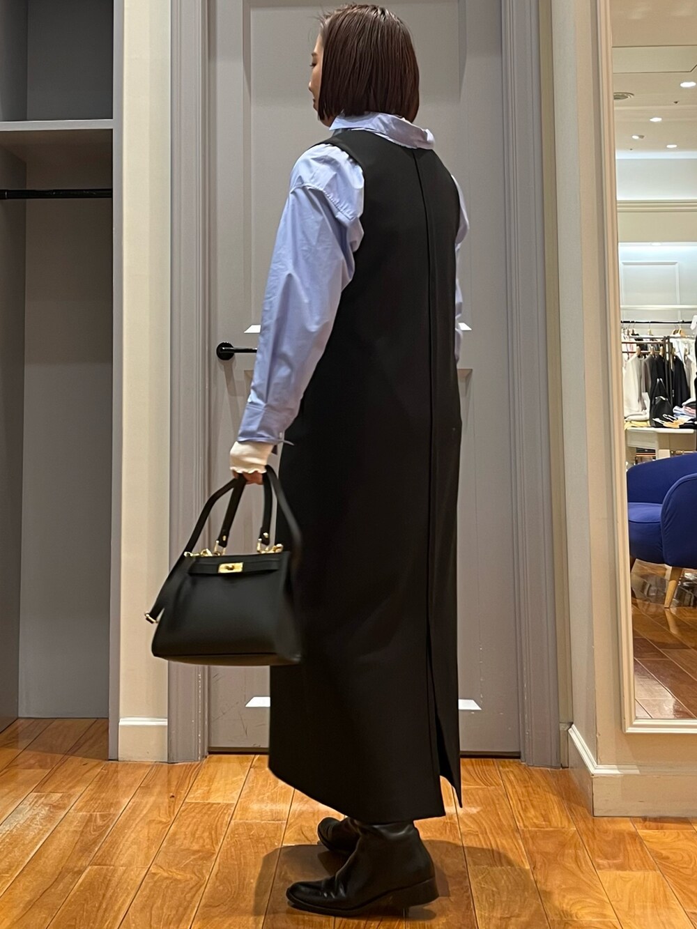 「お出かけコーデ、大人女子、大人ファッション、ラクチンコーデ、冬のコーデ、シンプルコーデ、ロングブーツ、ブラック、オフィススタイル、レイヤード、きれいめコーデ、タートルネック」｜「NOLLEY’Sの《セットアップ対応》ウォッシャブル両面起毛2WAYワンピース（ワンピース、ブラック系）」を使った、yamaiさん（レディース・163cm）の冬コーディネートの4枚目の写真