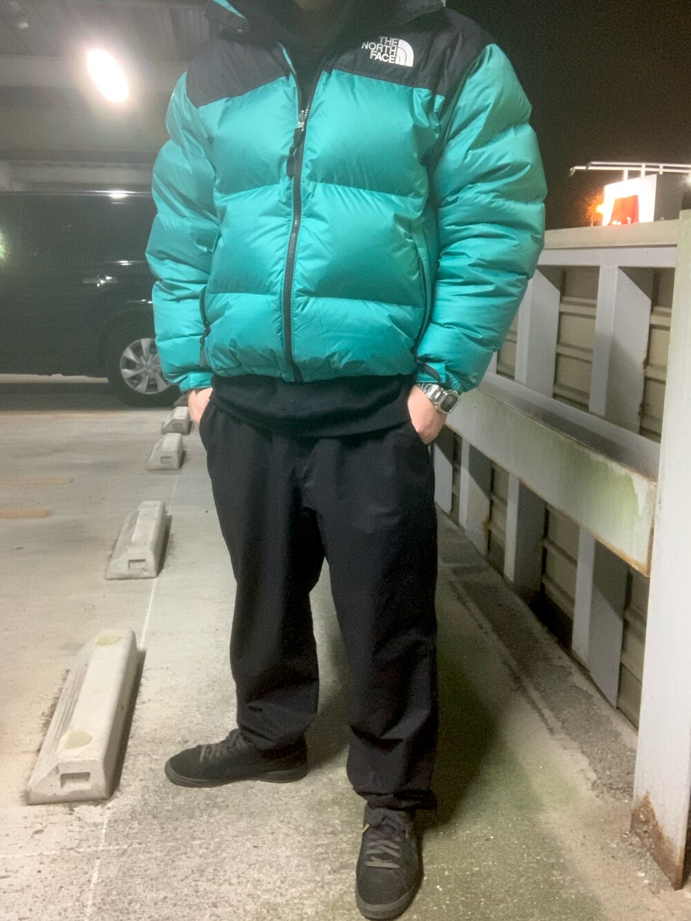 グリーン系のダウンジャケット/コート、ブラック系のパーカー、ブラック系のカーゴパンツを着用したメンズの冬コーディネートの2枚目の写真