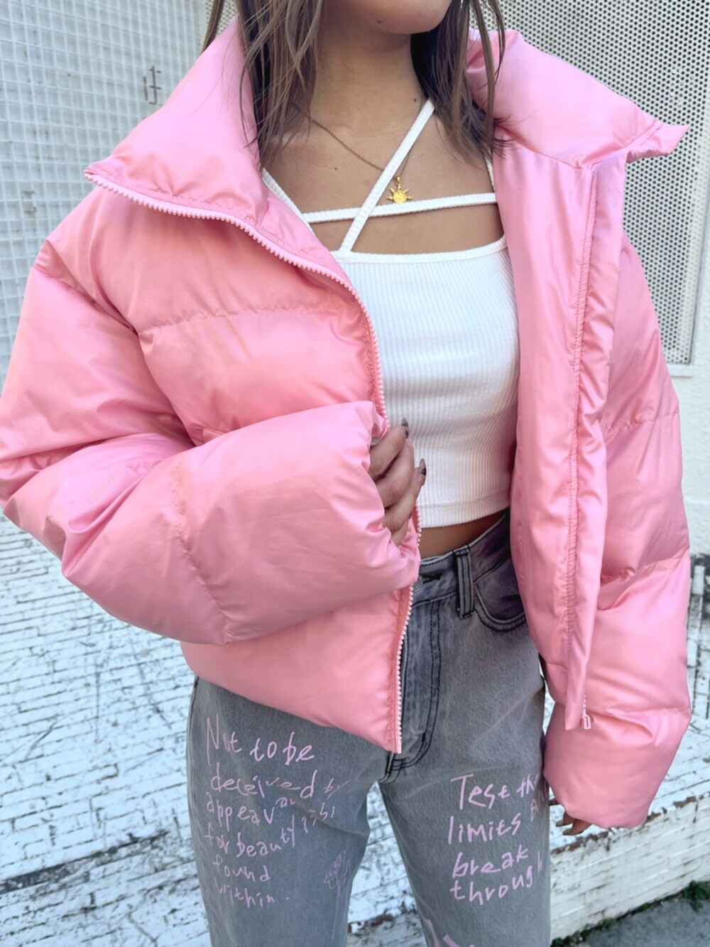 ピンク系のブルゾン、ホワイト系のTシャツ/カットソー、ブラック系のデニムパンツを着用したレディースの冬コーディネートの4枚目の写真