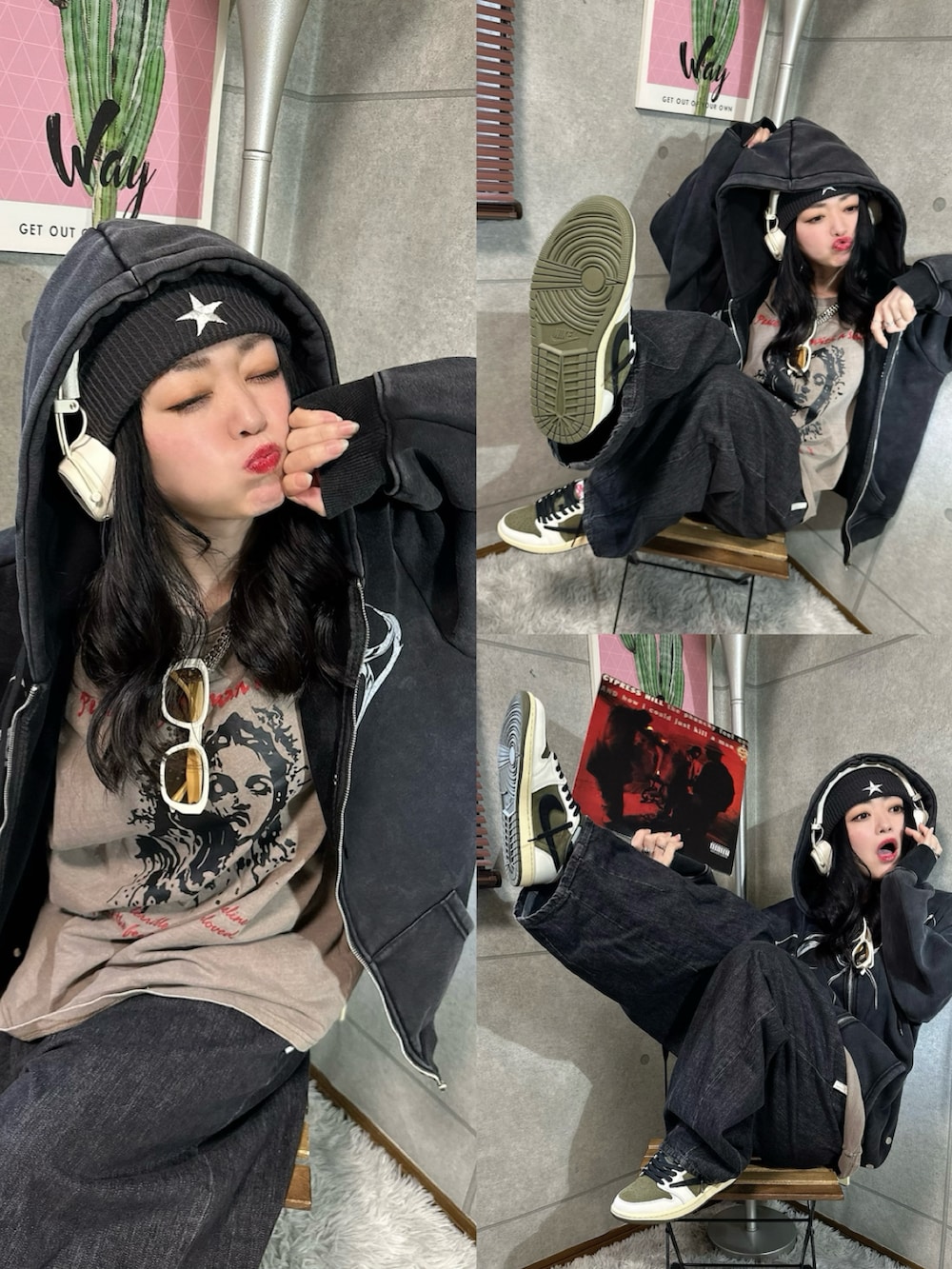 ブラック系のパーカー、その他のスニーカー、ベージュ系のヘッドフォン/イヤホンを着用したレディースの春コーディネートの3枚目の写真