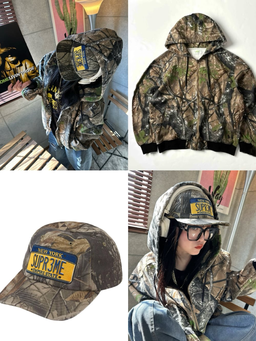 グリーン系のデニムジャケット、グリーン系のキャップを着用したレディースの春コーディネートの2枚目の写真