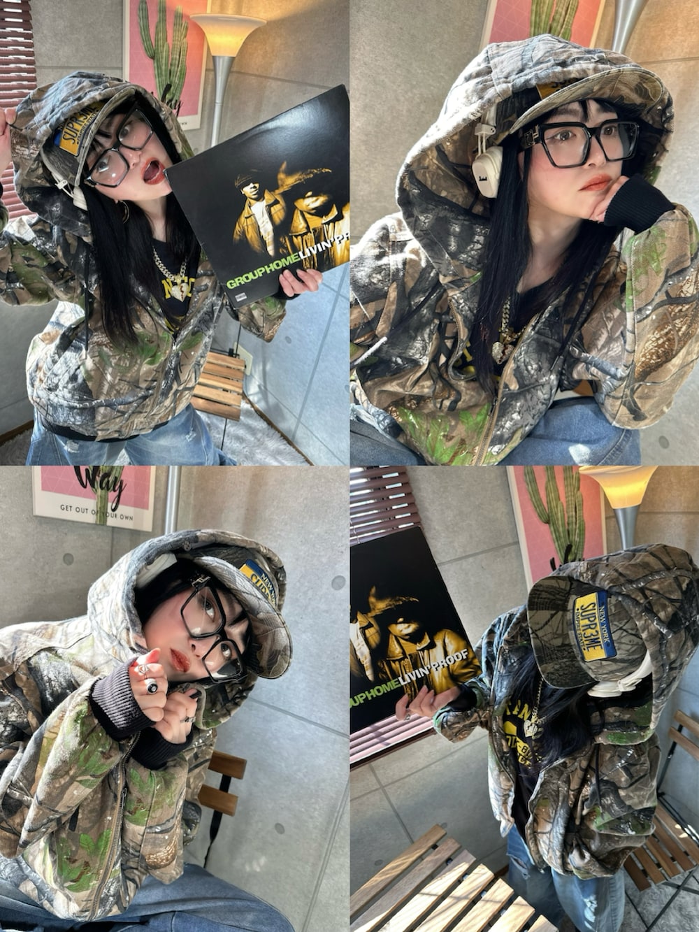 グリーン系のデニムジャケット、グリーン系のキャップを着用したレディースの春コーディネートの4枚目の写真