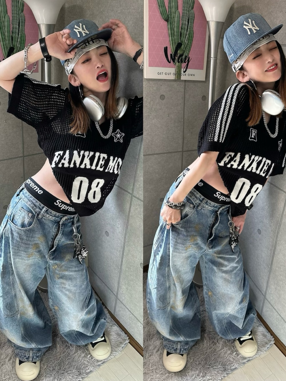 ブラック系のトップス、ブルー系のデニムパンツ、ベージュ系のスニーカーを着用したレディースの夏コーディネートの3枚目の写真