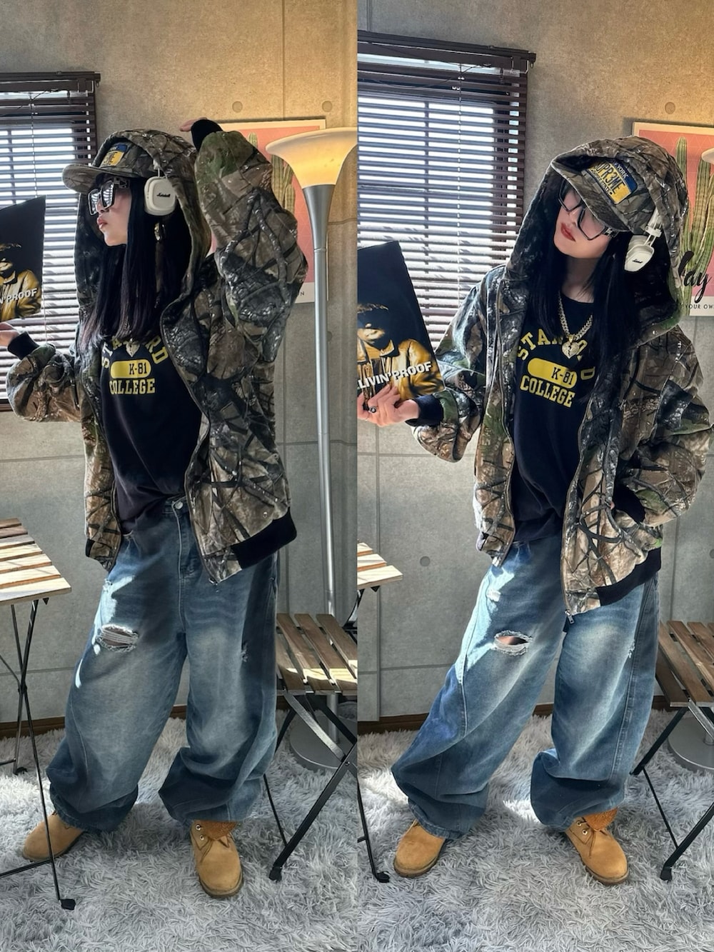 グリーン系のデニムジャケット、グリーン系のキャップを着用したレディースの春コーディネートの3枚目の写真