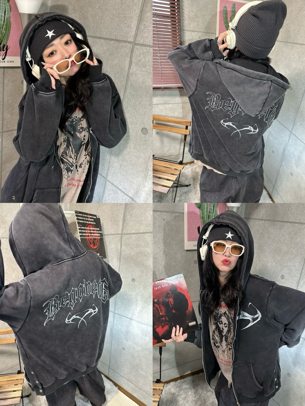 ブラック系のパーカー、その他のスニーカー、ベージュ系のヘッドフォン/イヤホンを着用したレディースの春コーディネートの4枚目の写真