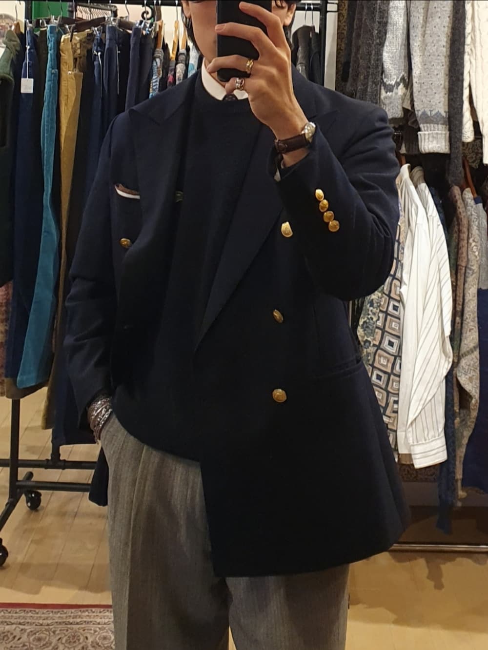 「メンズファッション、お洒落さんとつながりたい、大人カジュアル、シンプルスタイル、スラックス、いいね、save、フォローお願いします🤑、きれいめカジュアル、シンプル、ネイビー、グレー、ローファー、ダッフルコート、紺ブレ、シャツスタイル、ネクタイ」｜「POLO RALPH LAURENのアイテム（ダッフルコート、ブルー系）」を使った、amenoishidatamiさん（メンズ・174cm）の冬コーディネートの2枚目の写真