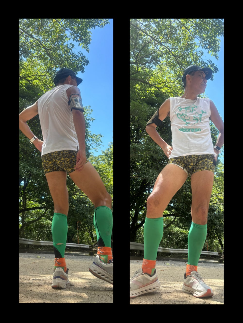 ホワイト系のTシャツ/カットソー、ホワイト系のスニーカー、イエロー系のレギンス/スパッツを着用したメンズの夏コーディネートの3枚目の写真