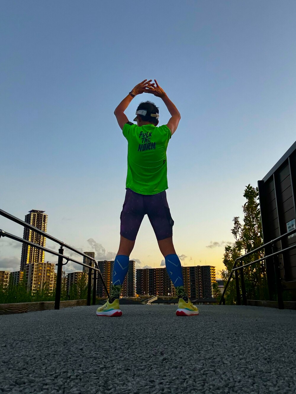 グリーン系のTシャツ/カットソー、パープル系のタイツ/ストッキングを着用したメンズの夏コーディネートの2枚目の写真