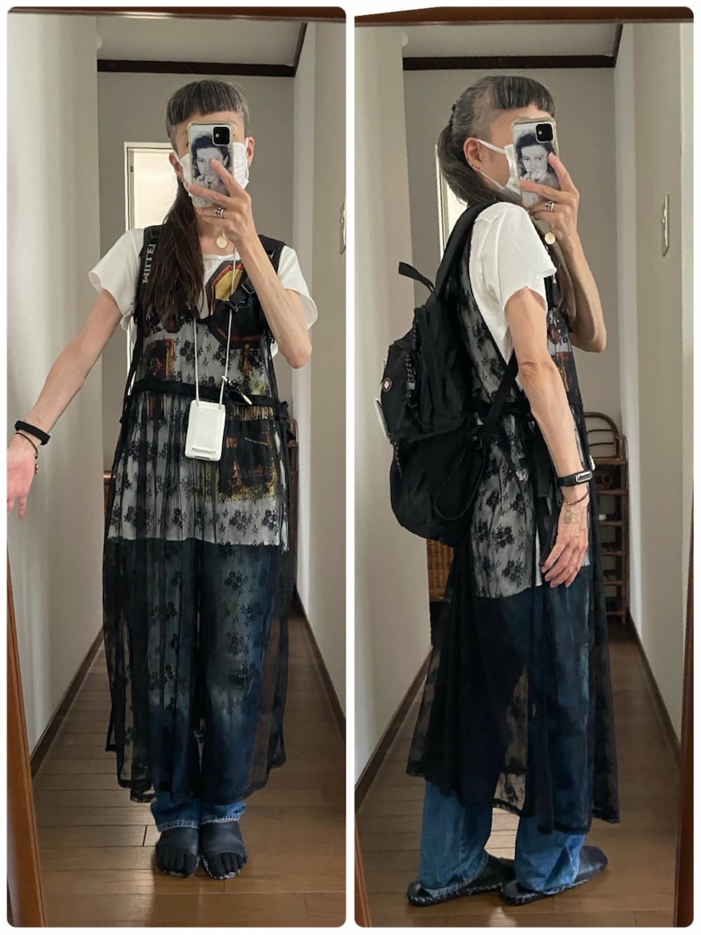 「チュールワンピース、デニム、オーバーサイズＴ、50代ファッション」｜「フェリシモのアイテム（Tシャツ/カットソー、ホワイト系）」を使った、maiさん（レディース・146cm）の夏コーディネートの2枚目の写真