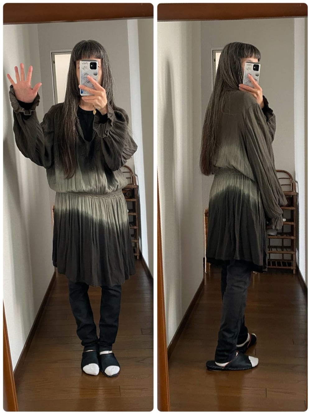 グリーン系のチュニック、ブラック系のブーツ、ブラック系のライダースジャケットを着用したレディースの秋コーディネートの3枚目の写真