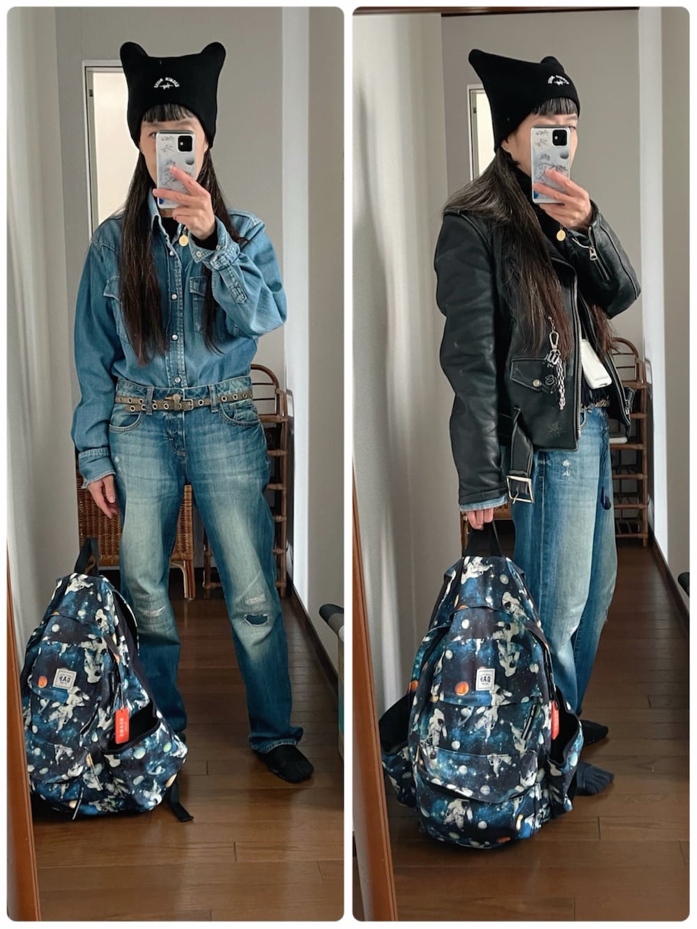 ブルー系のデニムパンツ、ブラック系のブーツ、ブルー系のシャツ/ブラウスを着用したレディースの冬コーディネートの2枚目の写真