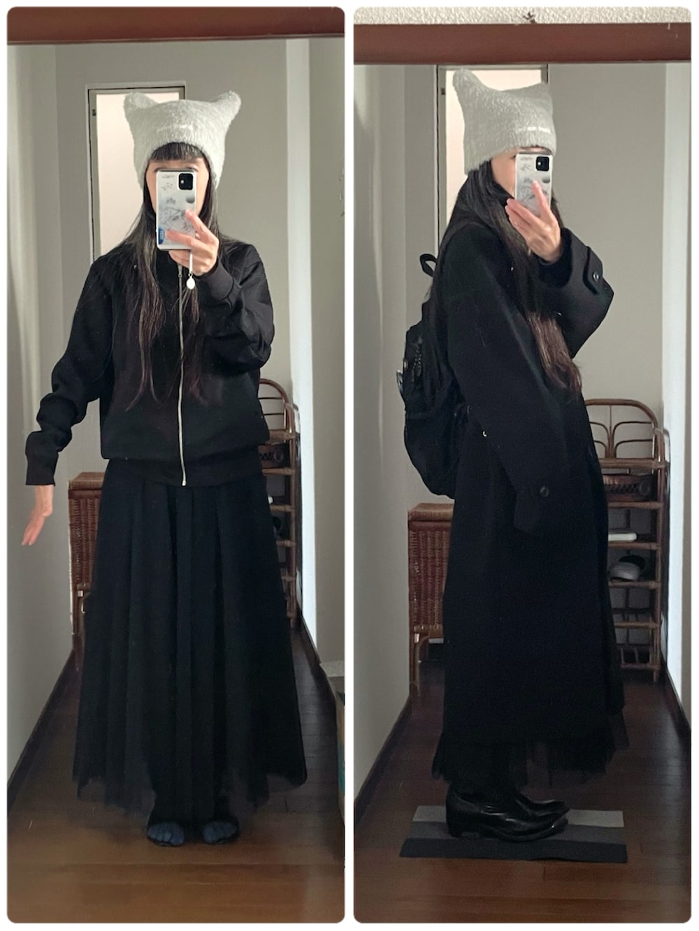 ブラック系のジャケット/アウター、ブラック系のスカート、ブラック系のブーツを着用したレディースの冬コーディネートの2枚目の写真