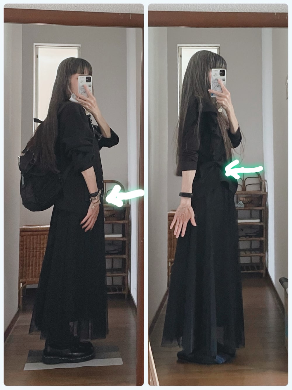 ブラック系のTシャツ/カットソー、ブラック系のスカート、ブラック系のブーツを着用したレディースの夏コーディネートの2枚目の写真