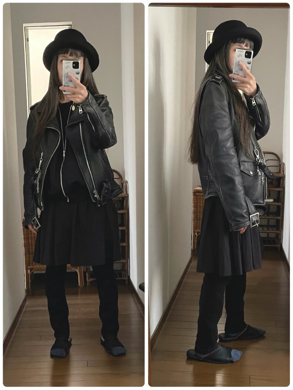 ブラック系のパンツ、ブラック系のスカート、ブラック系のブルゾンを着用したレディースの冬コーディネートの2枚目の写真