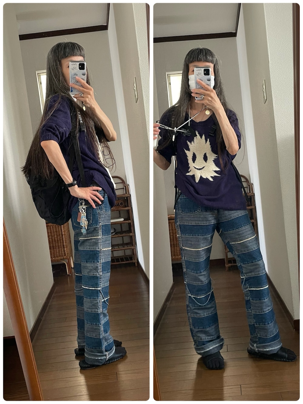 ブルー系のデニムパンツ、ブルー系のニット/セーターを着用したレディースの秋コーディネートの2枚目の写真