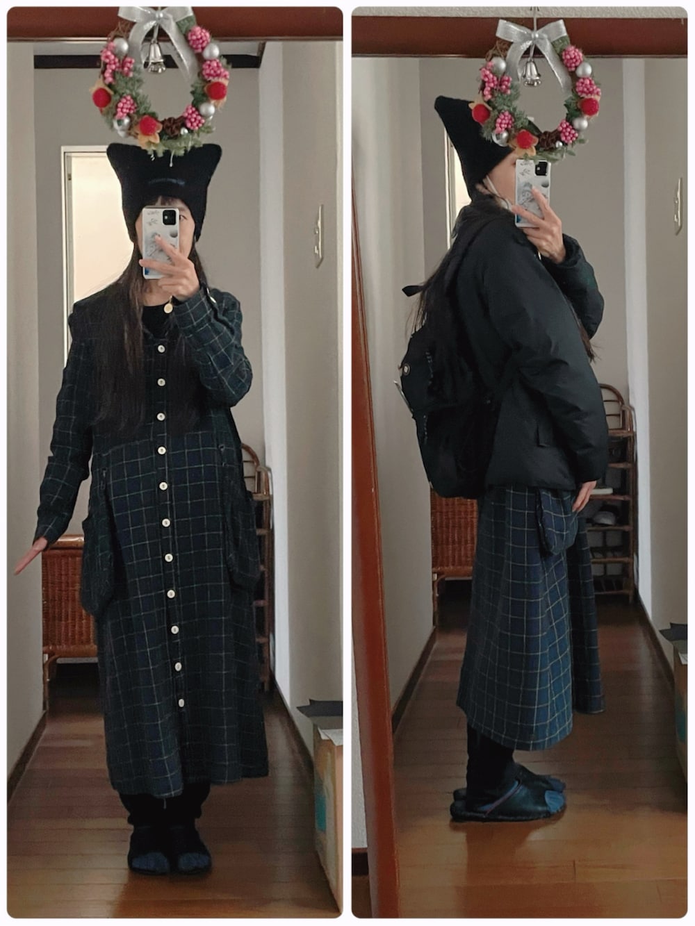 グリーン系のワンピース、ブラック系のダウンジャケット/コート、ブラック系のブーツを着用したレディースの冬コーディネートの2枚目の写真