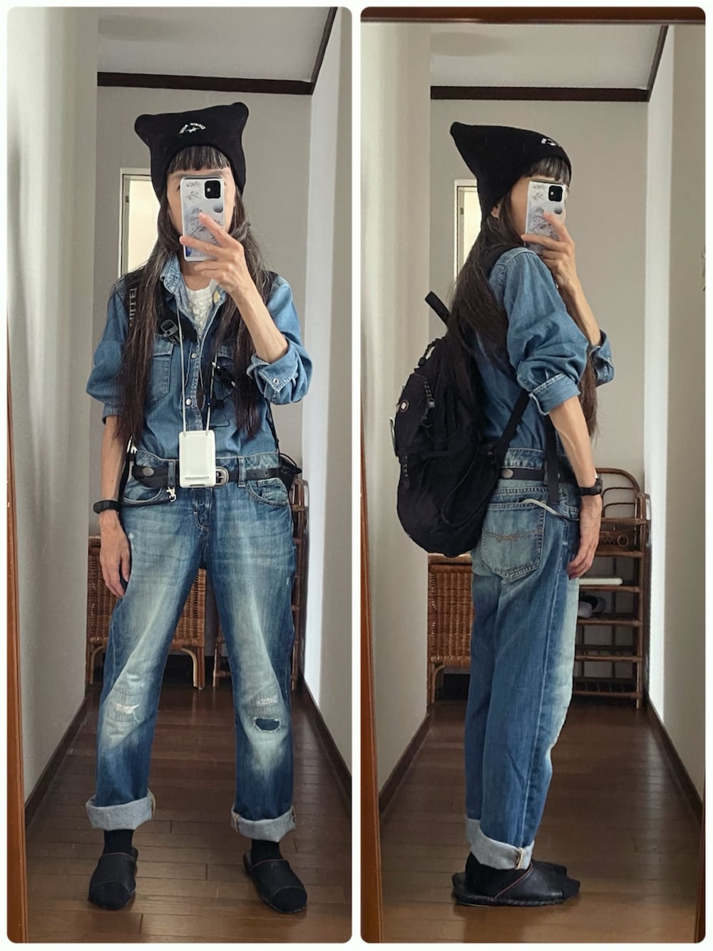 ブラック系のブーツ、ブルー系のシャツ/ブラウス、ブルー系のデニムパンツを着用したレディースの秋コーディネートの2枚目の写真