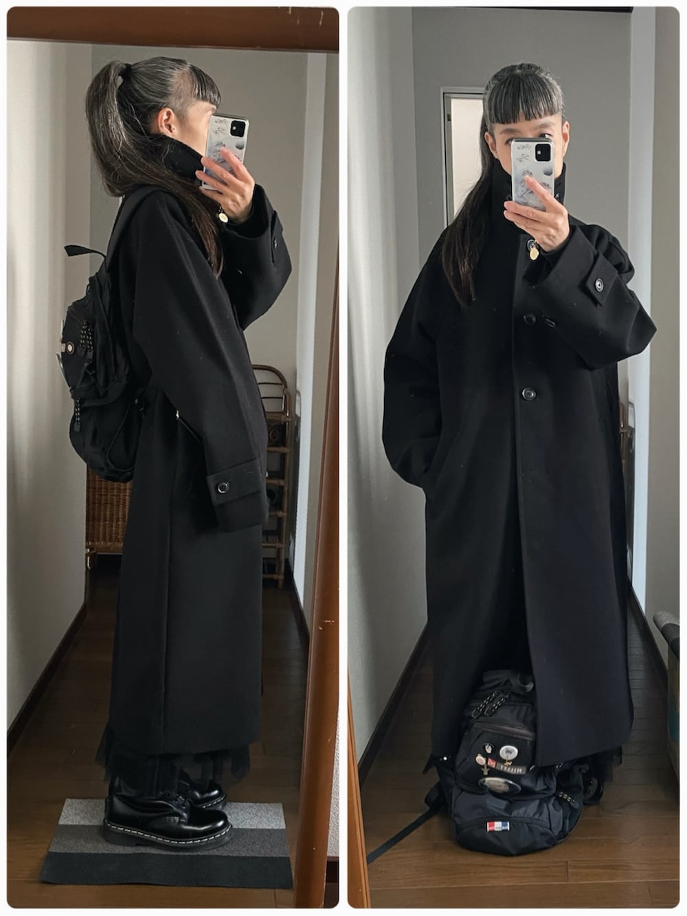 ブラック系のブーツ、ブラック系のスカート、ブラック系のジャケット/アウターを着用したレディースの冬コーディネートの2枚目の写真