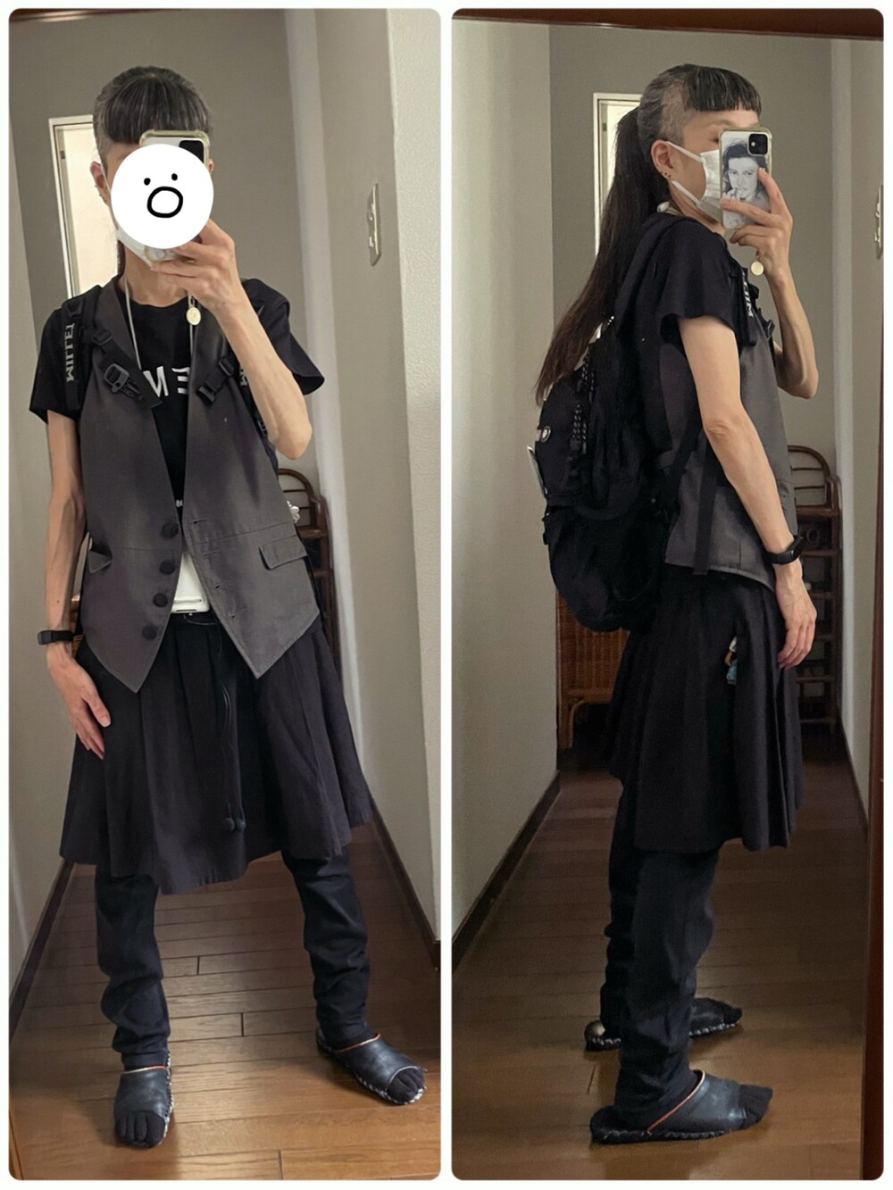 ブラック系のTシャツ/カットソー、グレー系のベスト、ブラック系のパンツを着用したレディースの夏コーディネートの2枚目の写真