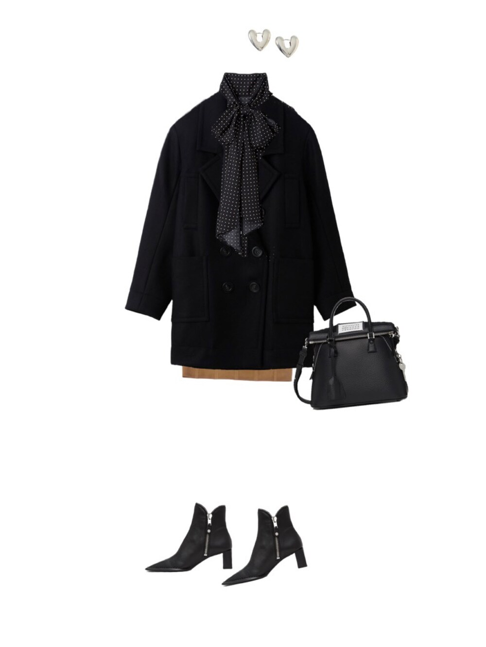 ブラック系のジャケット/アウター、ブラック系のシャツ/ブラウス、ブラウン系のスカートを着用したレディースの冬コーディネートの2枚目の写真