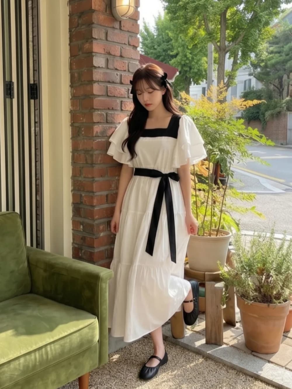 ベージュ系のワンピース/ドレスを着用したレディースの夏コーディネートの2枚目の写真