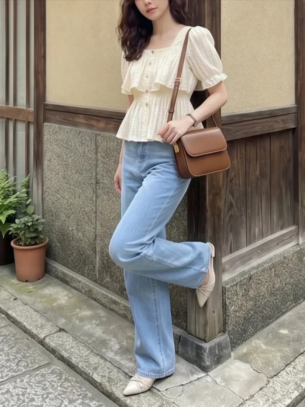 ホワイト系のトップス、ブルー系のパンツを着用したレディースの夏コーディネートの2枚目の写真