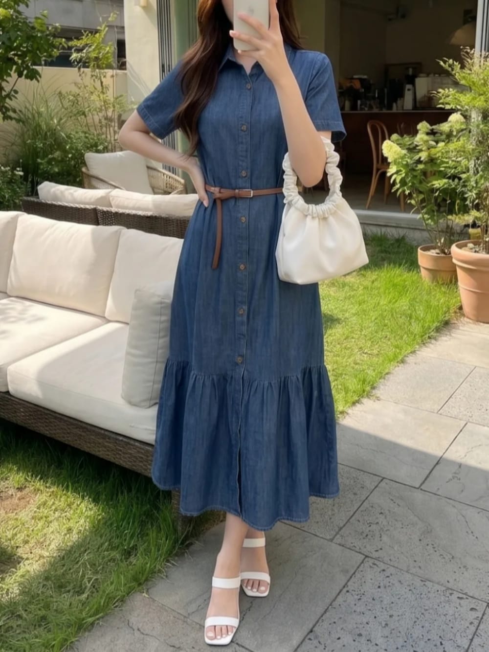ブルー系のワンピース/ドレスを着用したレディースの夏コーディネートの2枚目の写真