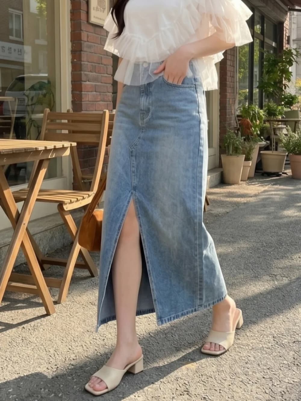 ブルー系のデニムスカートを着用したレディースの夏コーディネートの2枚目の写真