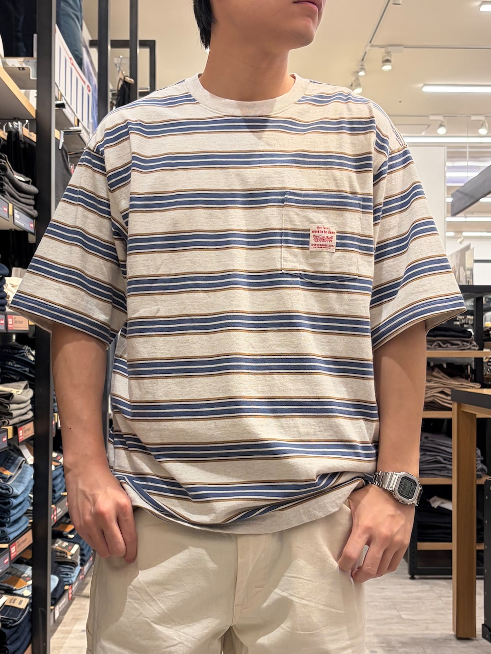 ホワイト系のTシャツ/カットソー、ブラウン系のシャツ/ブラウスを着用したメンズの夏コーディネートの6枚目の写真